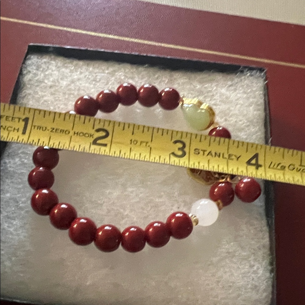 #1343=Red Beaded Stretch Bracelet with Jade Charm - Picture 6 of 6